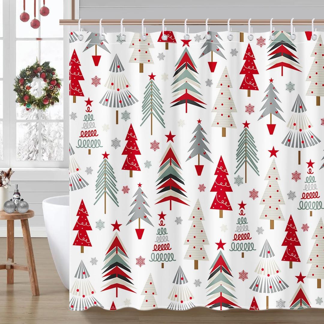 Mocsicka Christmas Shower Curtain Christmas Tree Snowflake Winter Bathroom Shower Curtain Waterproof Xmas Tree Bathtub Curtain Decor with 12 Hooks 72 X 72 Inches