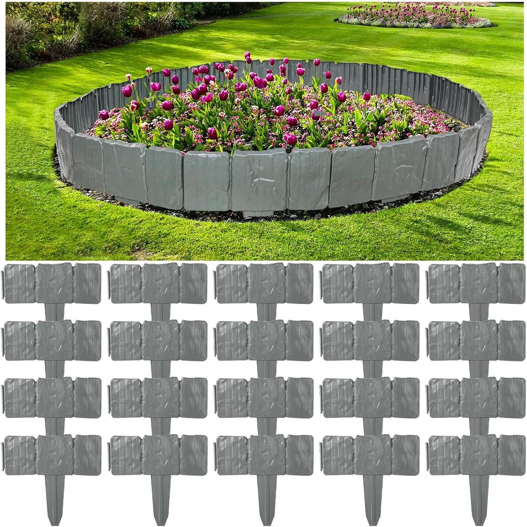 20pcs Garden Edging Border No Dig 9 Inch Tall Landscape Edging Border, Plastic Garden Edging Stone Look Border for DIY Outdoor Yard Landscaping Flower Bed and Grass