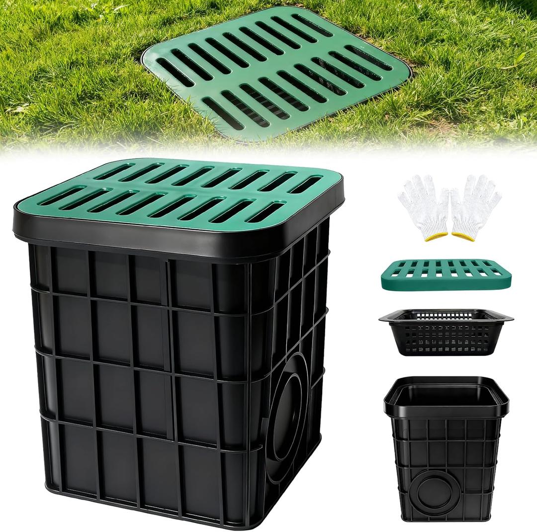 15.75inch Large Drainage Catch Basin with Grate and Debris Basket,15.75 x 15.75 x 15.75in French Drain Catch Basin Without Reserved Hole for Patios Yard Downspout Lawn and Municipal Plumbing