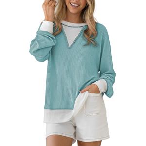 BLENCOT Long Sleeve Shirts for Women Crewneck Knitted Color Block Tunics Blouses Fall Fashion Tops Winter Lightweight Business Casual Top Large Myosotis (L)
