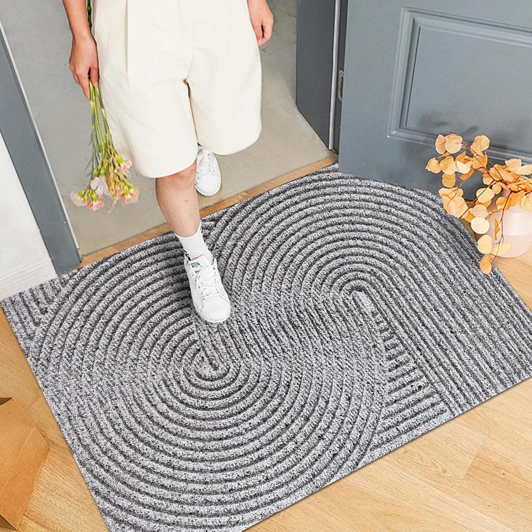 Door Mat Indoor Outdoor Front Door Entrance, Water, Stain and Dirt Resisitant Doormat, Low-Pile Non-Slip Sturdy Welcome Mats, 24"35", Grey (Spiral Pattern)