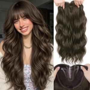 Hair Toppers for Women, 20 Inch Hand Tied Breathable Toppers Hair pieces for Women with Thinning Crown Wispy Bangs Mix Human Hair Clip in Curly Lightweight Wiglets(Dark Chestnu Brown)