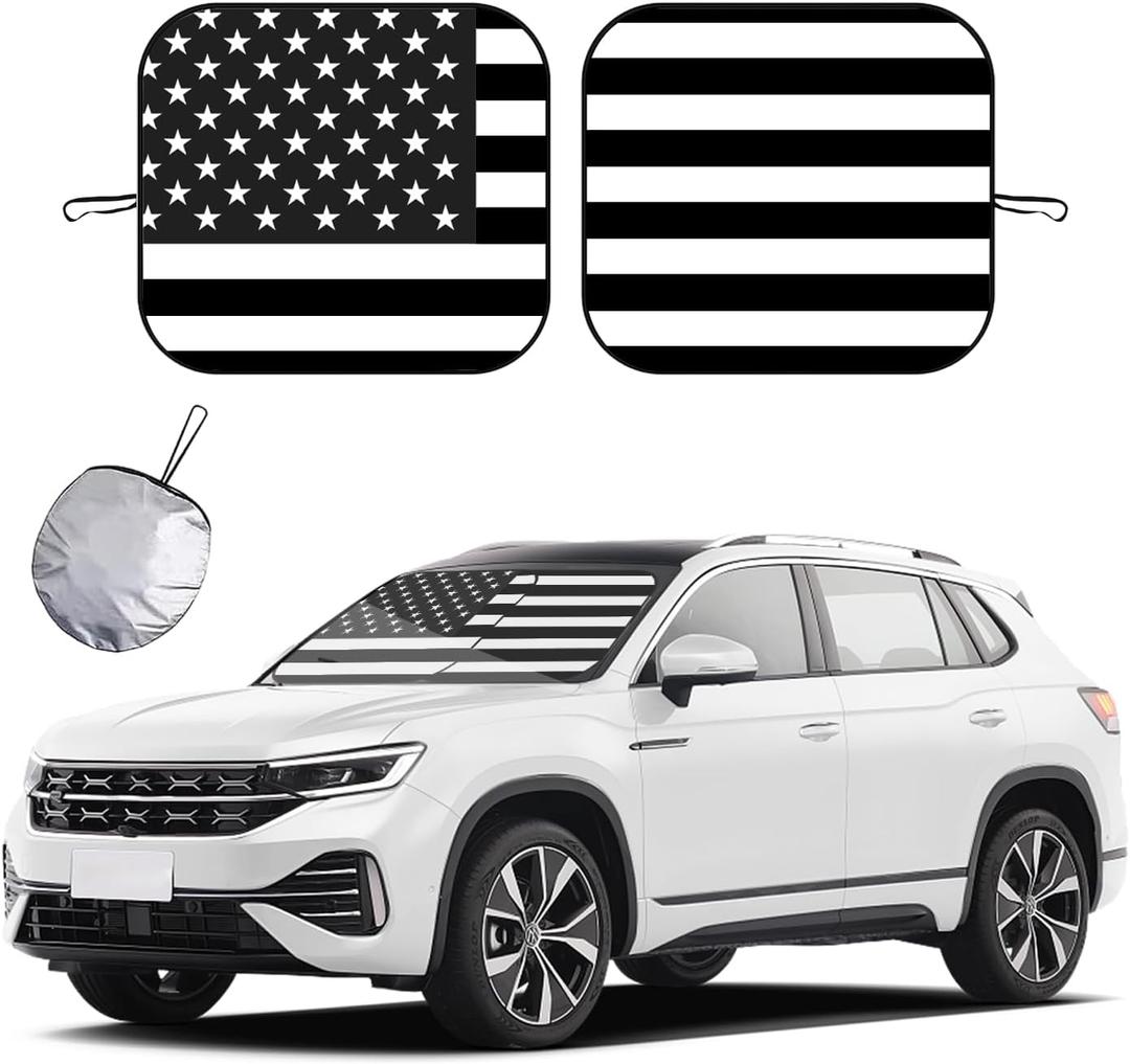 Ziciner 2 PCS Car Windshield Sun Shade, Auto Sun Heat and UV Rays Blocker, 28"31" Foldable Automotive Front Window Sunshade Protector, Universal Vehicle Interior Accessories (Black Flag-M)