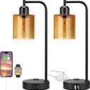Industrial Touch Nightstand Lamps for Bedrooms Set of 2 - 3-Way Dimmable Table Lamps with USB C+A Ports and Outlet, Bedside Lamps with Amber Glass Shade for Living Room, Desk Lamps for Home Office