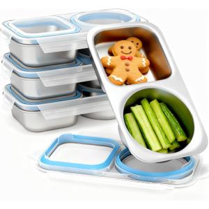 Bakpoco 4 Packs Stainless Steel Snack Containers For Kids Adults, 2 Compartment Reusable Metal Snack Boxes With Leak-Proof Lids, Compact Lunch Food Storage Container, 400ml
