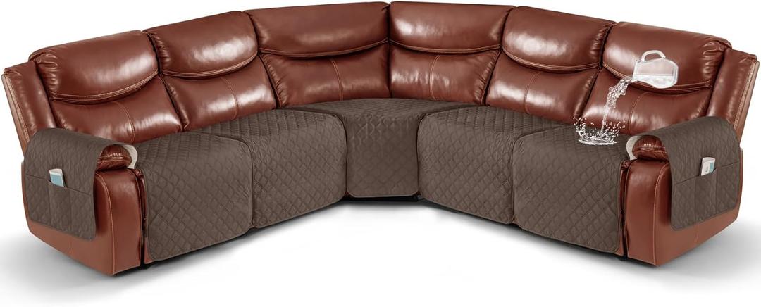 Ruaozz Extra Large Recliner Sectional Couch Covers Waterproof Couch Cover for Reclining L Shape Sofa 5 Seat Reclining Sectional Couch Covers with Pockets (L Shape 5 Seat Recliner Cover, Brown)