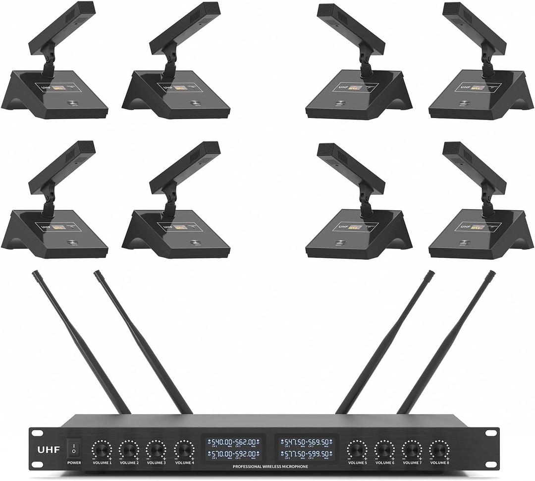 XTUGA YT8 Wireless Microphone System,UHF 8 Channel Gooseneck Cordless Microphone System, Desktop Conference Mics Super-Low Noise for Public Speaking,Lecture,Outdoor Conferences