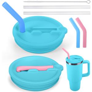 Mity rain 2PCS Silicone Tumbler Flip Straw Lid for Stanley Cup 40OZ, Spill Proof Lid Compatible with Stanley Quencher Flip Straw Lids for Replacement (Blue)