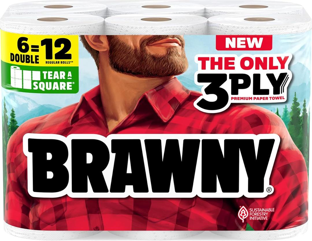 Brawny Tear-A-Square 3-Ply Paper Towels, 6 Double Rolls = 12 Regular Rolls, Strong, Absorbent, and Durable with 3 Sheet Sizes (Quarter, Half, Full)