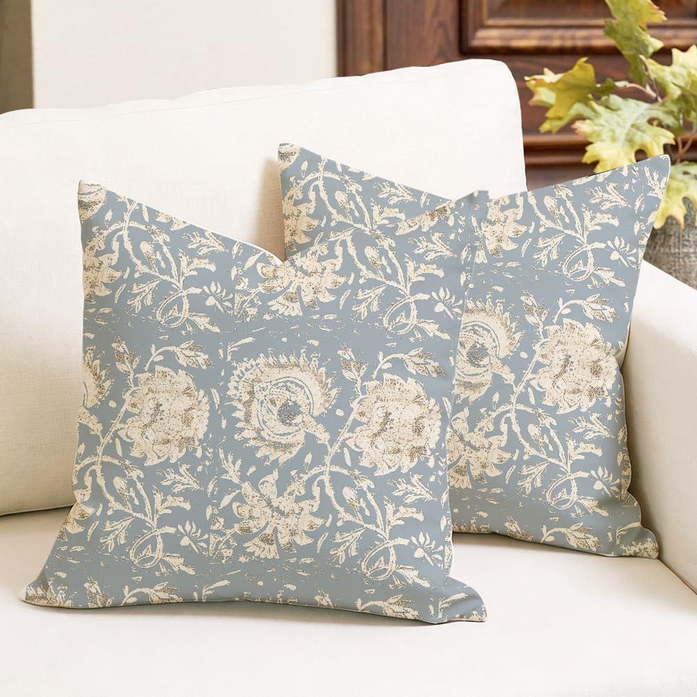RABUSOFA Floral Vintage Pillow Covers 18x18 Set of 2 Sky Blue Boho Neutral Accent Decorative Outdoor Cushion Covers Decor for Couch Sofa Modern(2602B-18)