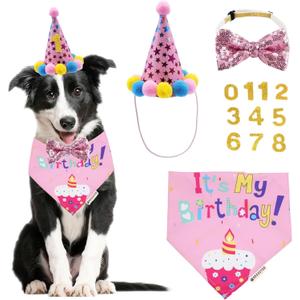 ADOGGYGO Dog Birthday Bandana Scarf and Dog Girl Birthday Party Hat with Cute Bow Tie for Medium Large Dog Pet (Large) (Pink)
