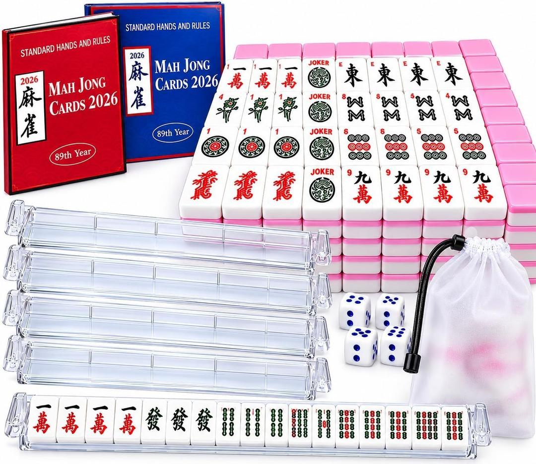 mah jongg sets Set with mahjong table（19inx19inx9in）– 166 Tiles (1.18x0.866x0.543in), 4 Clear Racks with Pushers, 4 Dice, 2 Rulebooks, Carry Bag, Full Kit for Home & Travel,travel mahjong set, 30x22x13.8 Millimeters