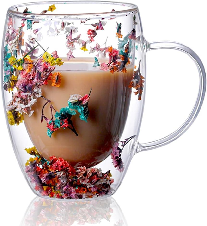 Double Wall Clear Glass Coffee Mugs,Creative Clear Glass Cups with Handle,Flowers Double Insulated Glass Cup for Hot Cold Beverages, Cappuccino, Latte, Espresso Coffee, Juice,Glass Coffee Cups