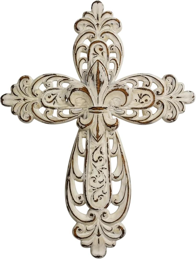 Comfy Hour 12" White Cross for Wall Decor, Rustic Antique Vintage Style Religious Plaque, Victorian Hollow Out Resin Wall Art for Home Sanctuary, Distressed White