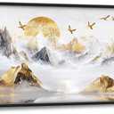 Extra Large Framed Abstract Mountain Wall Art,Golden Silver Sun Bird Wall Decor,Mountain Landscape Pictures for Living Room,Canvas Print Painting Modern Artwork Bedroom Office Bathroom 60L x30W