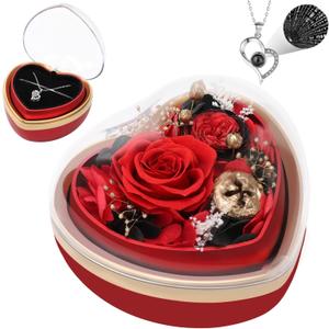 Casaido Preserved Real Rose with I Love You Necklace in Heart Shaped Box, Valentines Day Gift for Her, Red Eternal Flower Christmas Mothers Day Birthday Gifts for Women Mom Wife Girlfriend Grandma