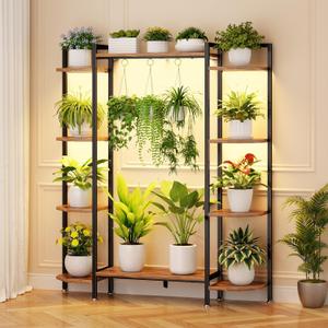 C1 Plant Stand Indoor with 6 Grow Lights, 6 Tiered Large Metal Plant Stand, 55 Inches Tall Plant Shelf with Hooks, Plant Holder Display Shelves for Patio, Garden, Living Room, Balcony