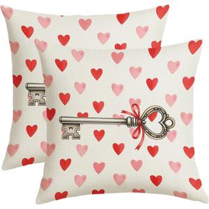 Red Pink Heart Valentines Pillow Covers 18x18 Inch Cute Sweet Vintage Love Key Throw Pillows For Couch Soft Durable Cushion Covers Valentines Day Farmhouse Pillow Cases for Bed Sofa Decor Set of 2