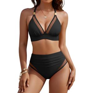 Blooming Jelly Womens High Waisted Bikini Tummy Control 2 Piece Bathing Suit Mesh Modest Two Piece 2026 Swimsuit (Large, Black)