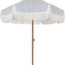 AMMSUN 7ft Patio Umbrella with Fringe Outdoor Tassel Umbrella UPF50+ Premium Steel Pole and Ribs Push Button Tilt, Navy Blue Stripes