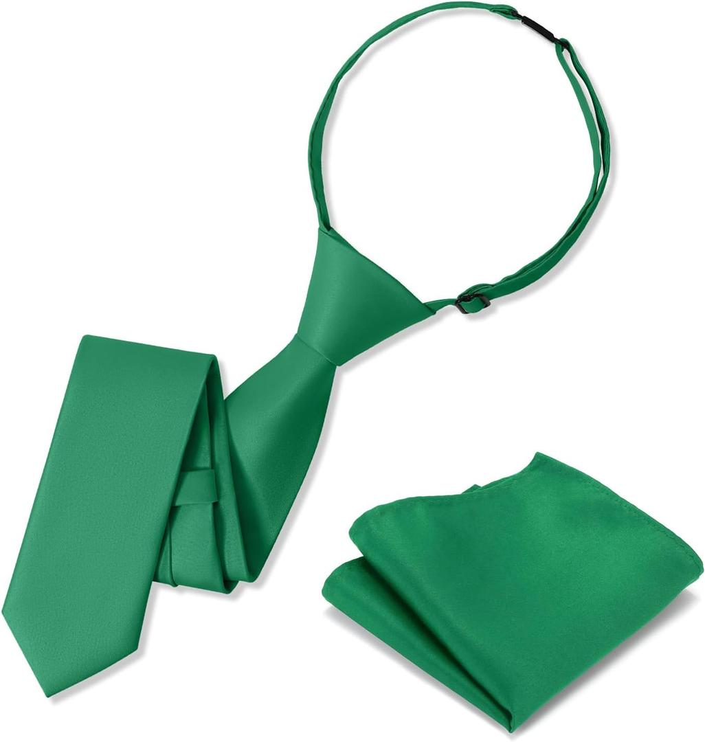 Boys Tie Pocket Square Set Pre-tied Adjustable Kids Solid Color Necktie for Age 8-12 Years with Gift Box (Emerald Green)
