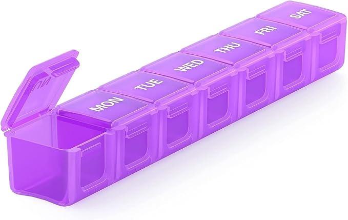 Extra Large Weekly Pill Organizer, 7 Day Daily Pill Box Case Arthritis Friendly, Silkscreen Printed Medicine Container with Clear Lid for Vitamins, Fish Oils or Supplements (Purple)