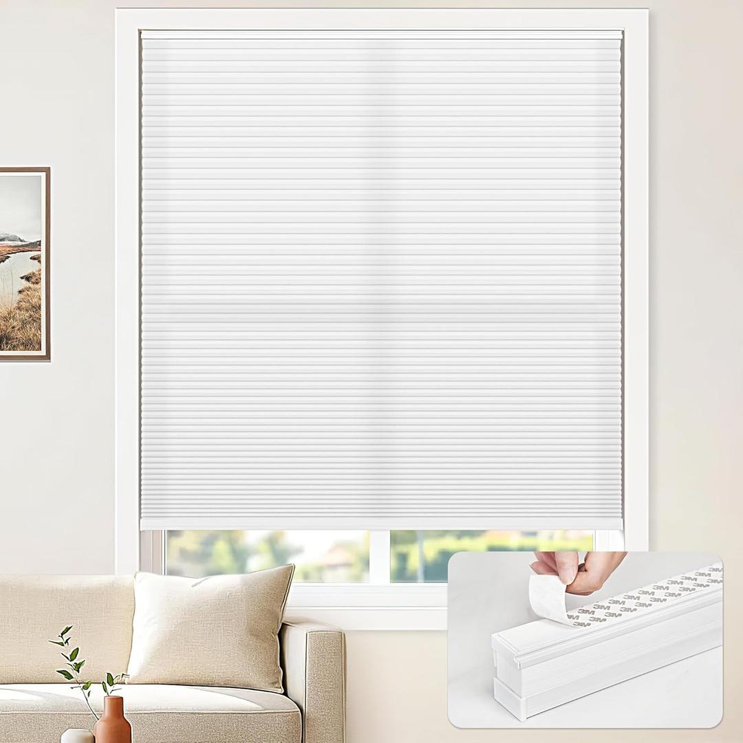 LazBlinds Cordless Cellular Blinds, No Drill Light Filtering Honeycomb Shades for Indoor Windows, Insulated UV Protection Cellular Shades, Easy Inside Mount, 27" W x 48" H, White