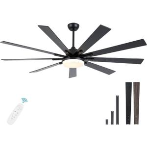 POCHFAN 72 Inch Ceiling Fans with Lights,Large Modern Ceiling fan with Remote and 9 Wooden Blades,Dimmable,6 Speeds,Noiseless Reversible Indoor&Outdoor Fan for Bedroom,Patio,Living Room (Black)