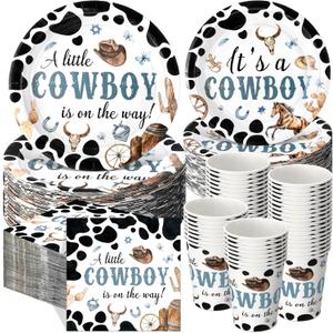 Pickmesh 250 Pcs Cowboy Baby Shower a Little Cowboy Is on the Way Party Decorations Wild Western Theme Disposable Plates Napkins Cups for Baby Shower Party Supplies Serve 50
