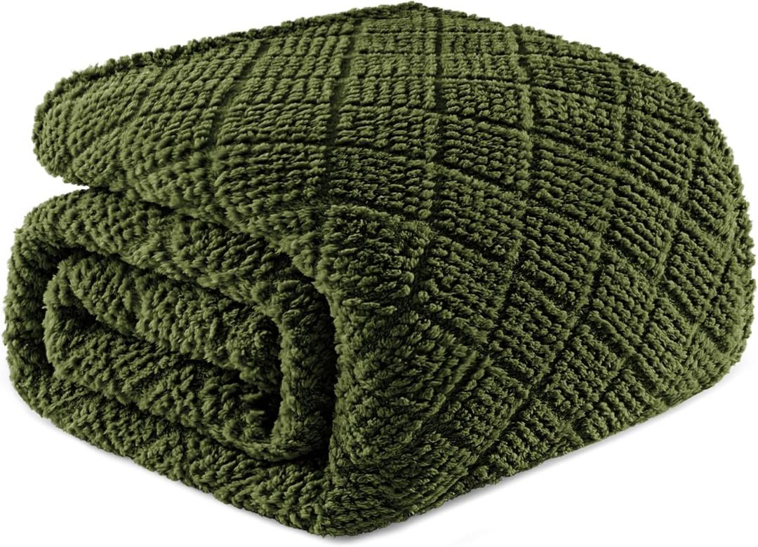 Whale Flotilla Fuzzy Fleece Queen Size Blanket for Bed, Soft Fluffy Jacquard Waffle Blankets for All Season, Lightweight and Warm, 90x90 Inch, Olive