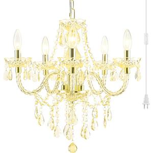 PAPAYA Plug-in 5 Light Gold Crystal Hanging Pendant Lights Acrylic Chandelier with Cord & On/Off Switch H19 D19.7 for Kitchen Island Girls' Room Dining Area Laundry Pavilion