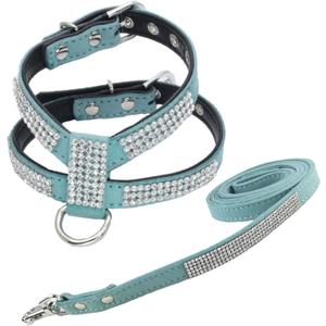Fashion Puppy Harness with Diamantes and Lead Cute Girl Bling Dog Harness with Bling Leash for Small Dogs - Blue - S