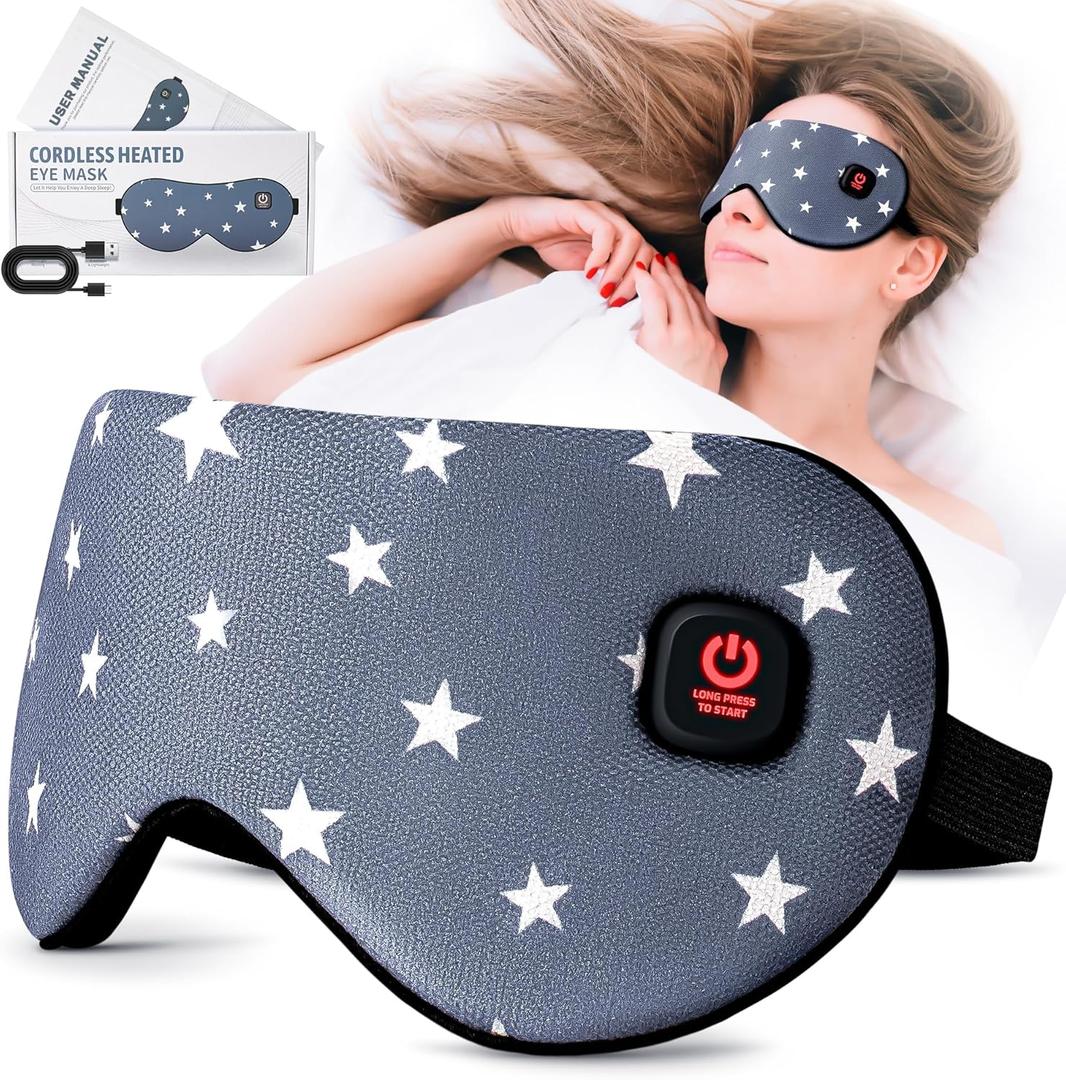 Heated Eye Mask-Cordless Warm Eye Compress Heated Eye Mask for Dry Eyes, Blepharitis,Light Blocking Heat Eye Mask for Men Women, Electric Warm Eye Mask for Airplane Sleeping for Travel (Gray Star)
