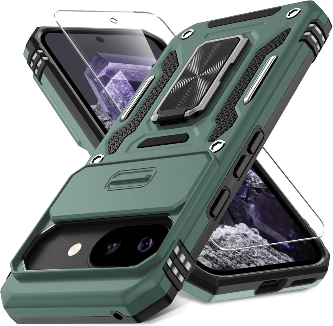 DEERLAMN Case for Google Pixel 9A with Slide Camera Cover+Screen Protector (1 Pack), Rotated Ring Kickstand Military Grade Shockproof Protective Cover-Green