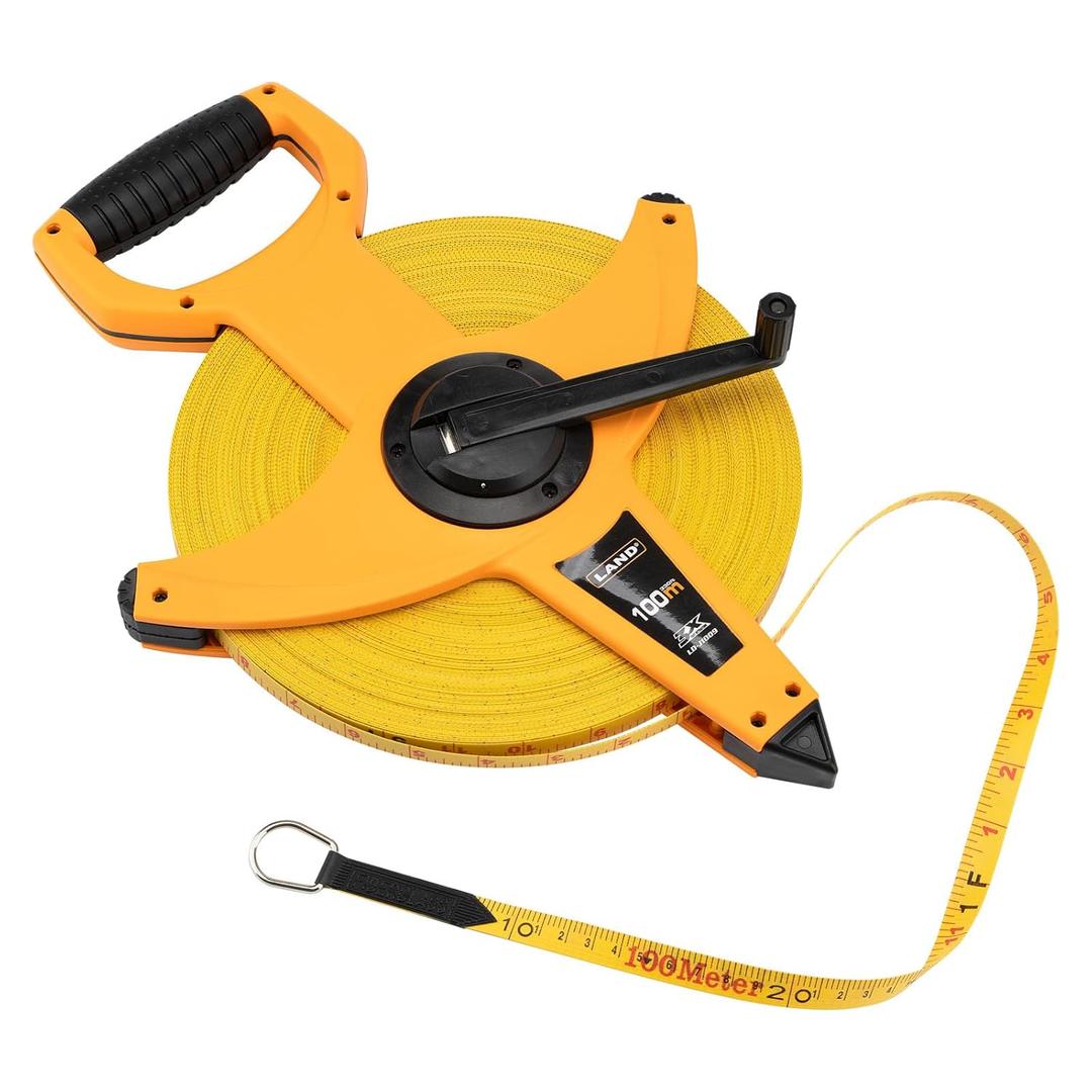 LAND 330FT/100M Heavy Duty Fiberglass Tape Measure - 1/2-Inch Wide, Dual Inch/Metric Scale, Durable Open Reel Measuring Tape for Surveying, Engineering, Runway Construction