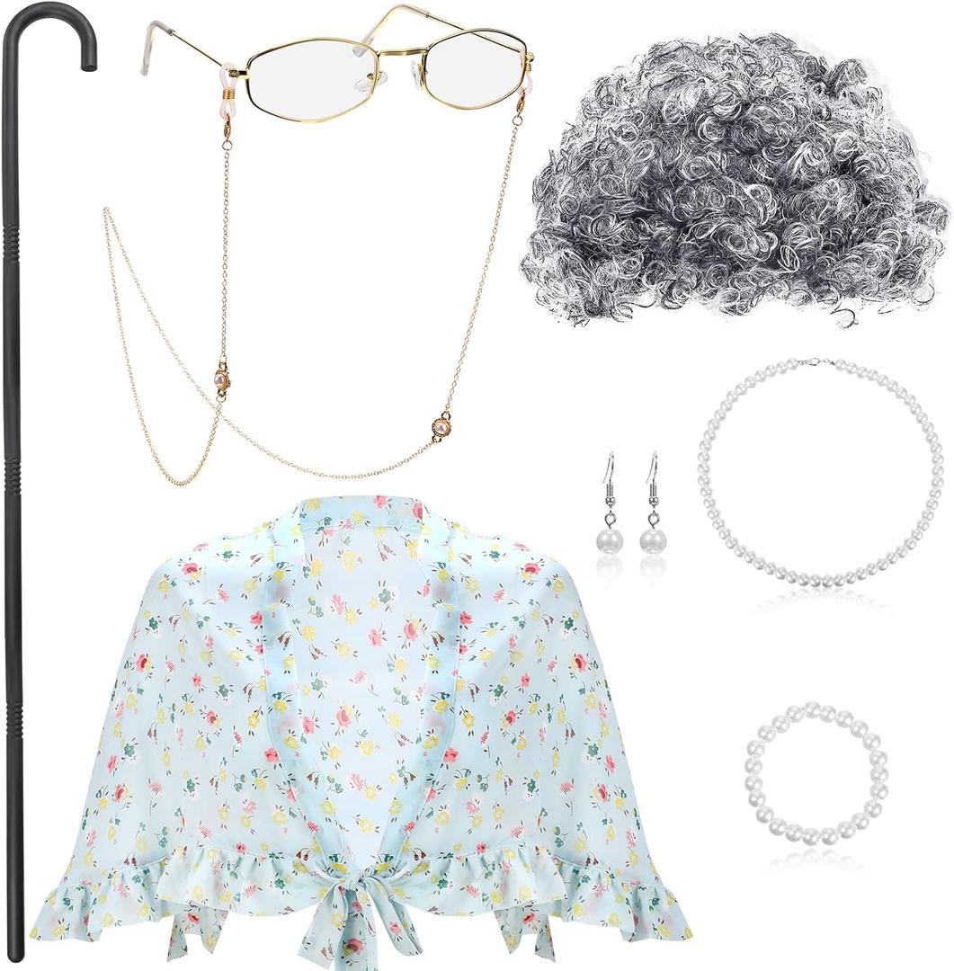 BBTO Old Lady Costume Granny Wig Grandma Shawl Grandma Cane Frame Glasses with Chain Faux Pearl Necklace Bracelet Earrings