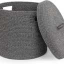 Storage Basket with Lid, Woven Blanket Storage for Living Room, Cute Cotton Rope Bin with Lid, Round Wicker Laundry Basket with Cover, Decorative Kid Dog Toy Box, Nursery Organizer, 15"x13" (Black)