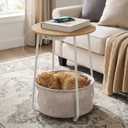 Round Side Table with Charging Station & USB Ports, Modern End Table Nightstand with Fabric Storage Basket, Matte White & Camel Brown Accent Table for Living Room, Bedroom (Burlywood), Small, Round tabletop measures 17.5 