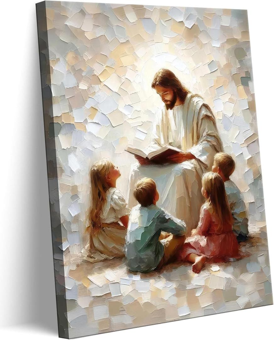 Jesus Teaching Kids Canvas Wall Art Christian Children Room Wall Decor Picture Children Of God Watercolor Poster Print for Kids room living room bedroom home decoration Ready To Hang, Size: 16"L x 12"W-Canvas