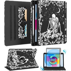 Kidcube for iPad 10th Generation Case 2022, for iPad (A16) Case 11th Generation 2025 - Women Girls Cute Rotating Stand Folio Cover with Pencil Holder & Card Slot Goth Skull Floral Design Cases
