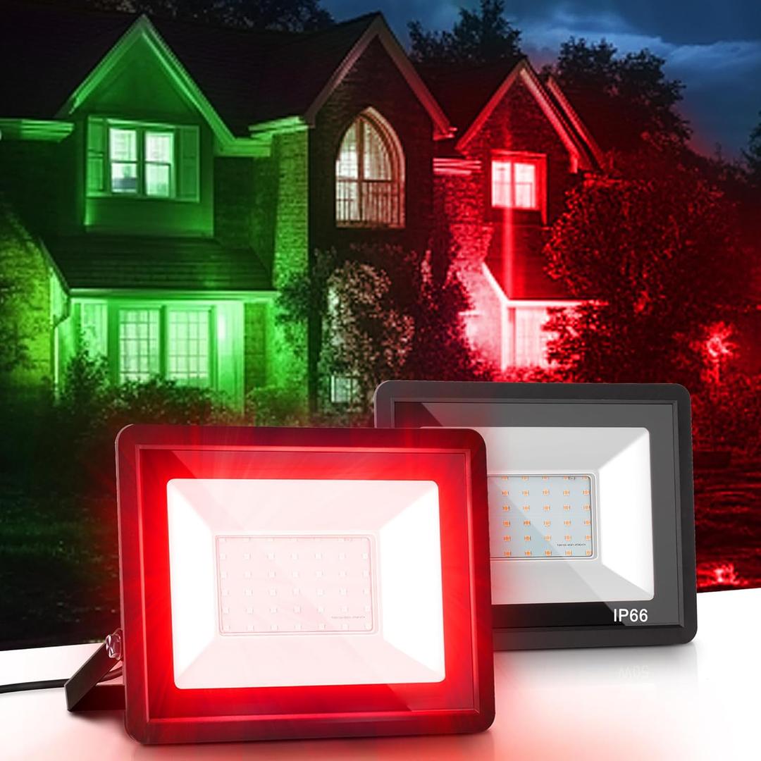 L LOHAS LED Red Christmas Flood Light Outdoor,    50W Plug in Flood Light, IP66 Waterproof Christmas Decorations, 2300lm Christmas Lights for Yard, Garage, Party, UL Listed, 2 Pack