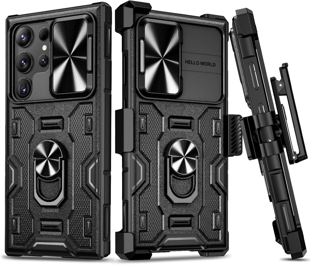 VEGO for Galaxy S24 Ultra Case with Kickstand, Slide Camera Lens Protector & Rugged Belt Clip Holster Full-Body Drop Tested Protective Cover for Samsung S24Ultra 6.8 Inch - Black