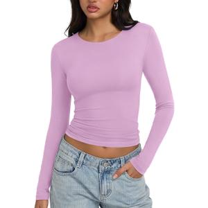 REORIA Women's Long Sleeve Shirts 2026 Fall Trendy Crew Neck Fitted Tops (Purple, M)
