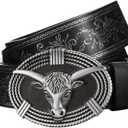 PARTTELY Western Cowboy Belts for Men Women, Western Belt with Bull Buckle, Country Belt Cowboy Leather Belt for Jeans (Black)