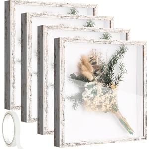 4 Pack 12 x 12 Shadow Box Frame Shadow Boxes Display Cases Memorial Picture Frame 3D Picture Frame with Adhesive Tape for Keepsake Wedding Bouquet Memories Crafts Awards Medals Tickets and Photos (4pcs-distressed White)