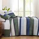 Dobuyly Queen Quilt Set, Boho Bedspread Queen Size, Green Striped Bedding Sets 3 Pieces, Lightweight Soft Olive Green Blue Coverlet Bed Sets with 2 Pillow Shams 96"x90"