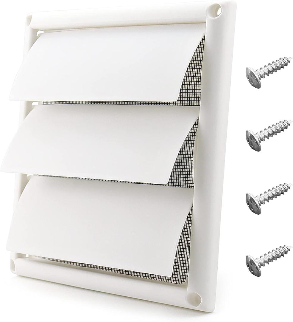 Funmit 6" Louvered Vent Cover 8" x 8" Oversize Outside Dimensions for Exterior Wall Vent Hood Outlet Airflow Vent Dryer Air Vent (White) (6 inch, White-plastic)