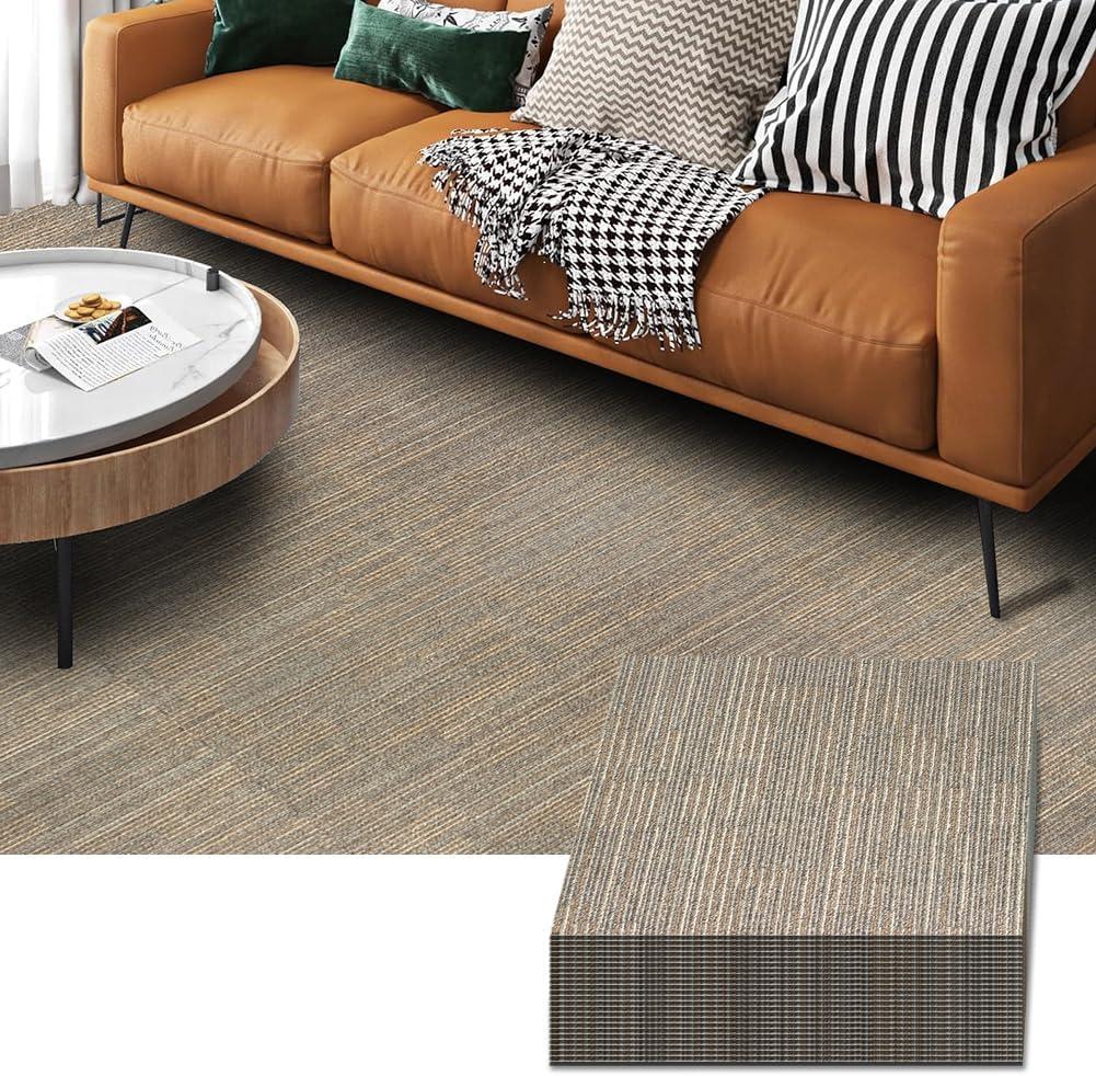 LITA Carpet Tiles Reusable 24" x 24" Squares Indoor/Outdoor, Khaki Polypropylene, 0.25" Pile Height Loop Pile, Non Slip Easy DIY Installation Peel and Stick, (18 Tiles) (72 sqft/Box)