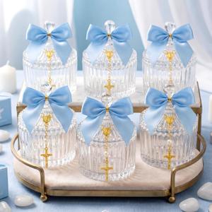 Chuangdi 6 Sets 24 Pcs Baptism Favors for Guests Crystal Candy Bowl Gifts with 6 Pcs Cross Rosary for Baptism Decorations Wedding Baby Shower Supplies First Communion Party(Light Blue)