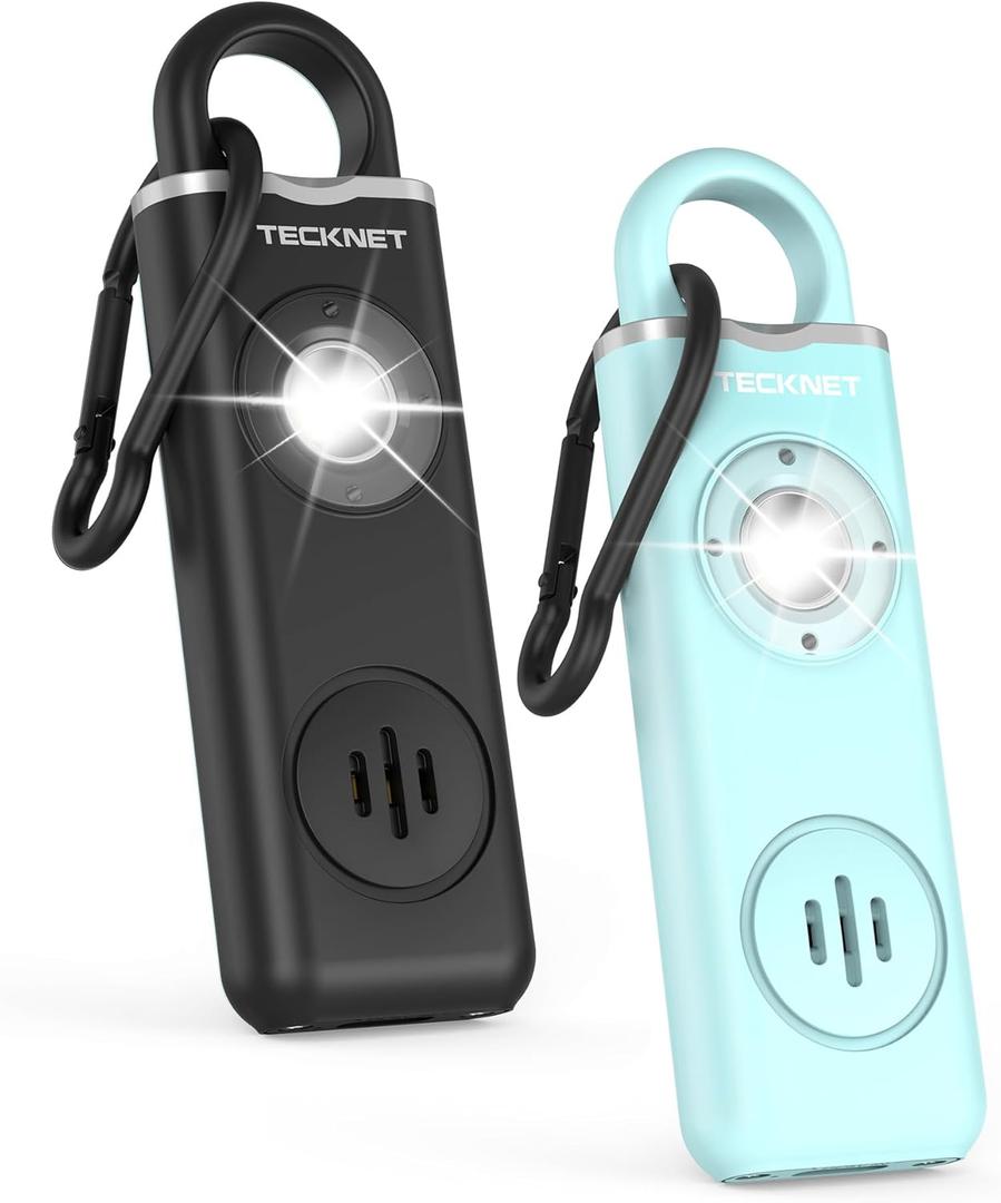 TECKNET Rechargeable Personal Safety Alarm for Women, 2-Pack 130dB Personal Alarm with SOS Strobe Light, Low Battery Notice, Keychain Alarms Loud Siren for Girls Kids Elderly (1 Black & 1 Blue)